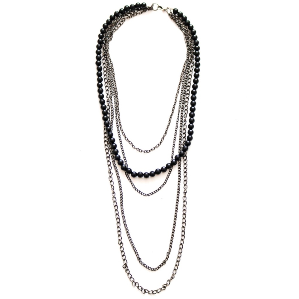 Silver Tone Black Bead Multi Strand Chain Layered Necklace